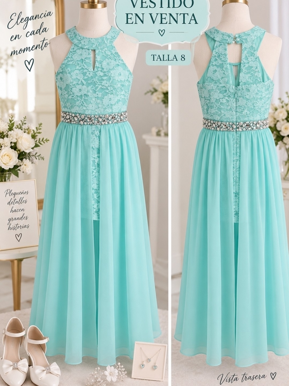 Girls' Mint Lace Halter Dress with Beaded Waist
